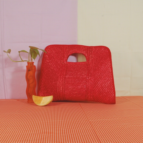 Vintage Red Woven Straw Handbag Square Clutch - Picture 3 of 5